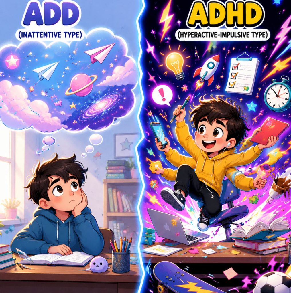 اختلال کم‌توجهی-بیش‌فعالی (ADD) نام قدیمی‌تری برای وضعیتی است که اکنون ADHD نامیده می‌شود. بسته به اینکه علائم بیشتر مربوط به مشکل در توجه، تکانشگری و بیش‌فعالی یا هر دو باشد، می‌توانید ADHD را در سه نوع مختلف داشته باشید.
