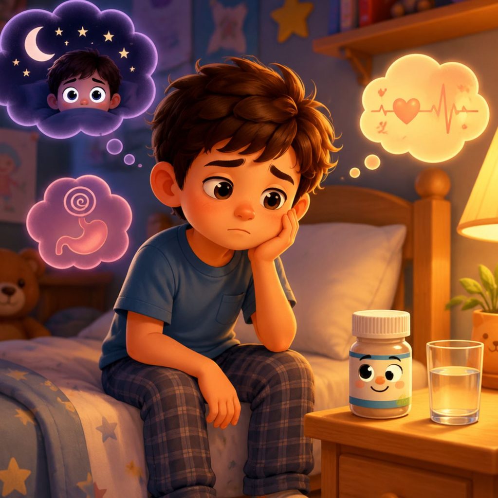 عوارض جانبی رایج‌تر داروهای ADHD مانند کاهش اشتها، سردرد ، مشکلات خواب و کج‌خلقی معمولاً خفیف هستند و جای نگرانی ندارند. به ندرت، کودکان عوارض جانبی جدی‌تری مانند تیک یا توهم ناشی از این داروها را تجربه می‌کنند.