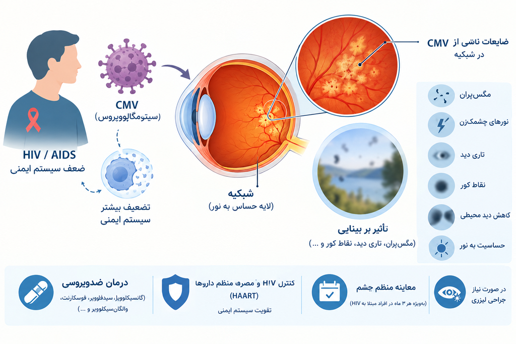 CMV ویروسی بسیار شایع است و بیش از نیمی از بزرگسالان تا حدود ۴۰سالگی با آن مواجه شده‌اند. در افراد سالم، این ویروس معمولاً مشکلی ایجاد نمی‌کند. اما اگر HIV سیستم ایمنی را تضعیف کرده باشد، CMV می‌تواند فعال شده، گسترش پیدا کند و چشم را درگیر کند. خود عفونت CMV نیز می‌تواند توانایی سیستم ایمنی برای مقابله با عوامل بیماری‌زا را کاهش دهد.