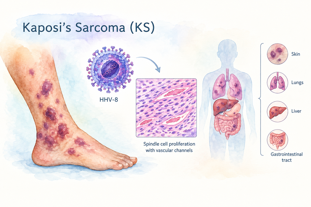 عامل ایجادکننده سارکوم کاپوزی نوعی ویروس هرپس به نام HHV-8 است که با نام KSHV (Kaposi sarcoma-associated herpesvirus) نیز شناخته میشود.